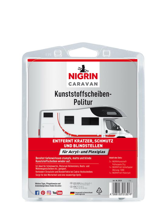 NIGRIN CARAVAN Kunststoffscheiben-Politur  (Set: 2x Politurpaste 25 g, Schleifpapier, Poliertuch)
